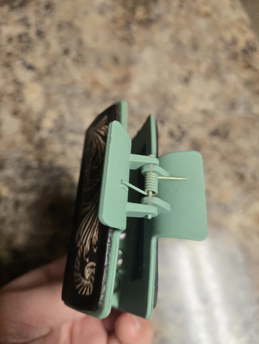 Leather Tooled Hair Claw Clip - Green with Brown Tooled Accent
